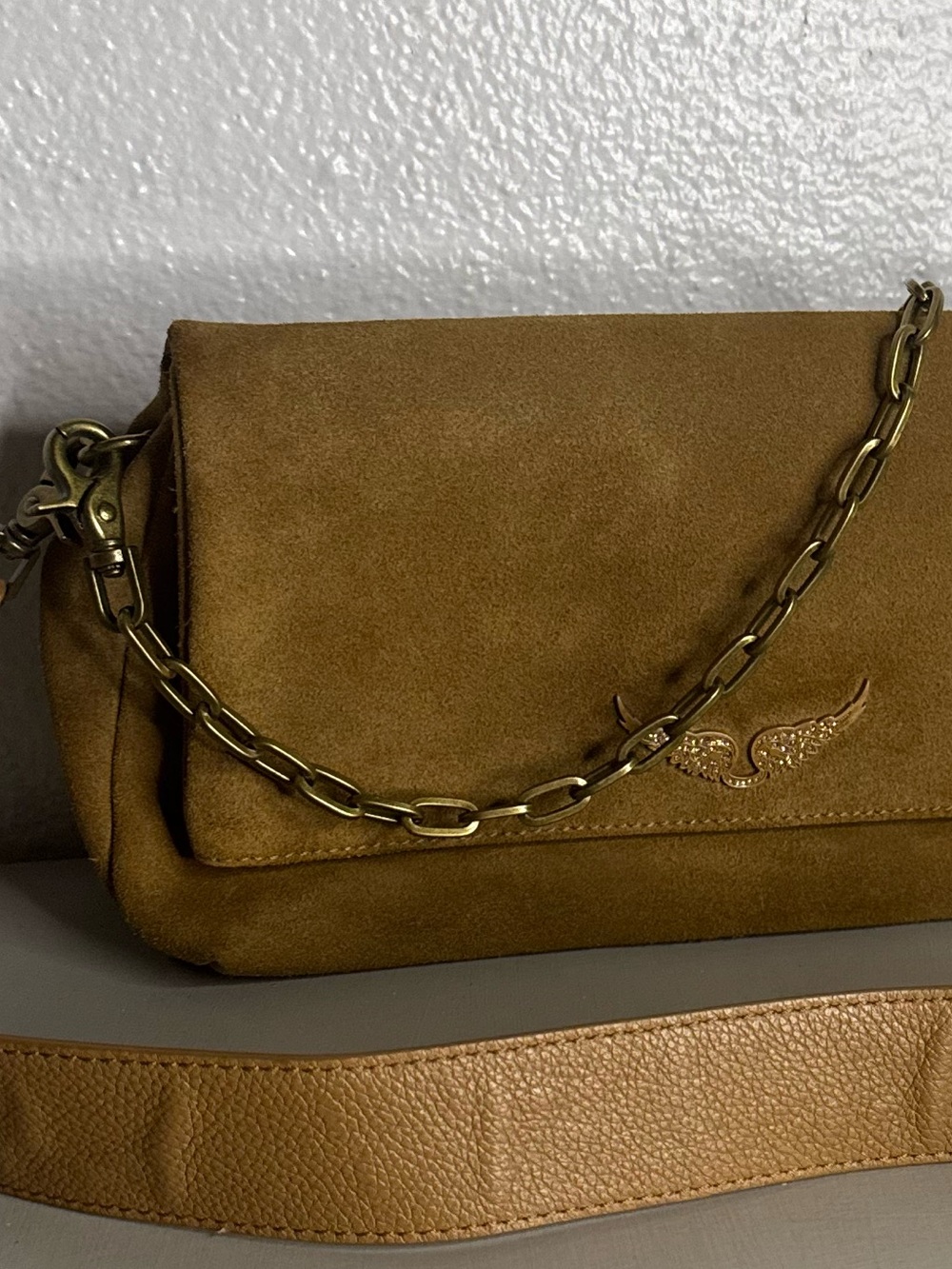 Zadig & Voltaire Rocky Suede Bag Tan Crossbody with Gold Chain Calf Leather